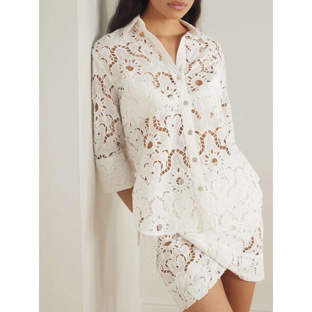Farm Rio White Sun Eyelet Shirt Seashells XL